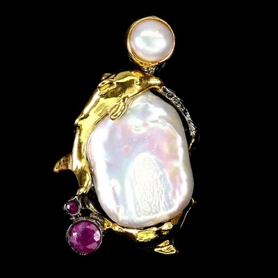 925纯银吊坠圆形红宝石5毫米珍珠海豚宝石首饰 — 第 1/4 张图片