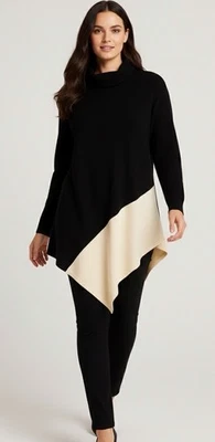 Suéter Largo Asimétrico Saks Fifth Avenue Talla XL Negro Crema Dobladillo Cachemira NUEVO Foto 1 de 4