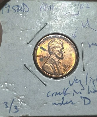 1950-D RPM#3 D/D Horizontal Lincoln Wheat Penny Cent~Gem BU/Uncirculated Red  - Image 1 of 3