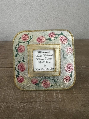 "Pequeño marco de vidrio pintado a mano rosas borde dorado 3x3"" se adapta a foto de 1,5""" Foto 1 de 4