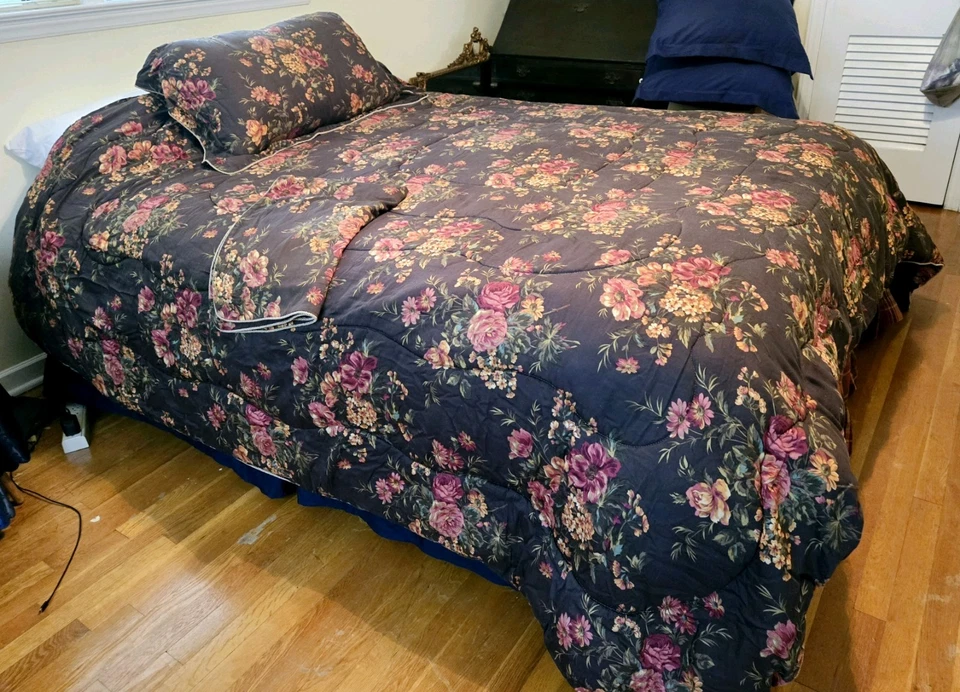 RARE Vintage Laura Ashley Chocolate Floral King Coverlet, 2 Shams, Dust Ruffle - Image 1 of 4