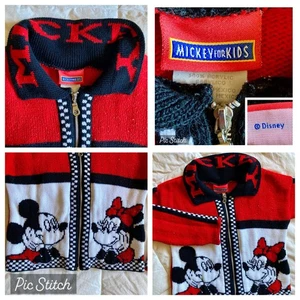 Vtg Disney Zip Cardigan Sweater Mickey Minnie Mouse Red White Black Acrylic 5/6T - Picture 1 of 18
