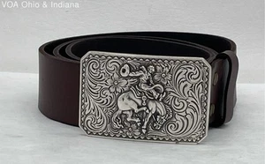 Nocona Belt Co. Brown Leather Belt With Bronco Rider Filigree Buckle - Size 38 - Picture 1 of 9
