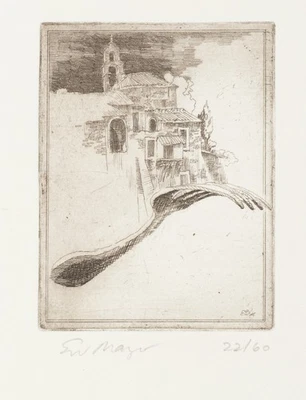 E. MAYER (*1932), Gabel vor Stadt. Surreales Stillleben, Rad. Contemporary - Bild 1 von 4