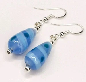 Blue Stripe Swirl Teardrop Earrings Glass Ceramic Glazed Bead 925 Silver Wires - Picture 1 of 12