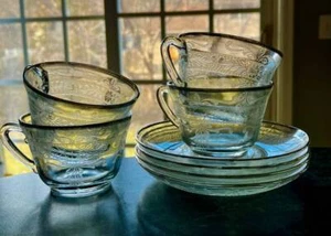 SET/4~MACBETH-EVANS CLEAR STIPPLED ROSE BAND~PLATINUM~CUPS/SAUCERS~PRESSED~EXC - Picture 1 of 4
