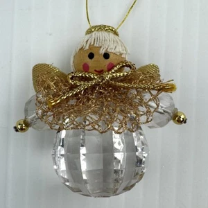 Vintage Engel klar Weihnachtsschmuck facettiert Kristall Holz Flügel rosige Wangen - Bild 1 von 7
