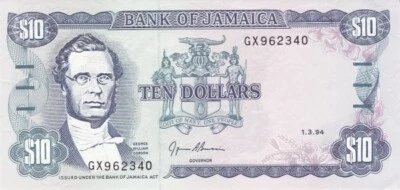 Jamaique 1994 billet de 10 Dollars pick 71e neuf UNC Uncirculated - Photo 1/2