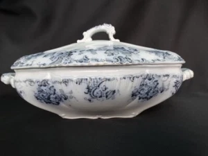 Hollinshead & Kirkham England Flow Blue Venetia Oval Handled Covered Dish VGUC - Picture 1 of 13