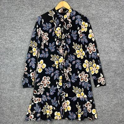 Vestido Camisa Jane Tory Burch Seda Negro Floral Volantes Con Botones Mangas Largas 2 Foto 1 de 4