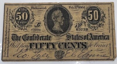 1864 The Confederate States of America Fifty Cents Note from Richmond, Virginia - Image 1 of 2
