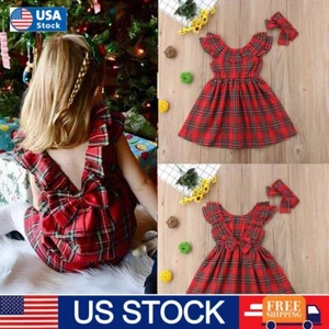 Christmas Toddler Kids Baby Girls Deer Lace Plaid Party Pageant Dress Clothes - Picture 1 of 11