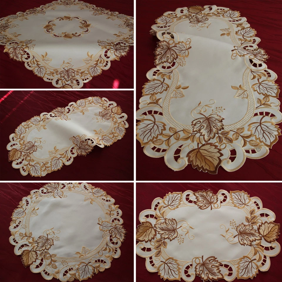 Herbstlaub Tischläufer Tischdecke Mitteldecke Creme-Weiß Gold Braun Gelb Blätter - Bild 1 von 1