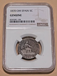 1870 OM Spain 5 Centimos - NGC Genuine - Bronze Seated Hispania Coin - Picture 1 of 4