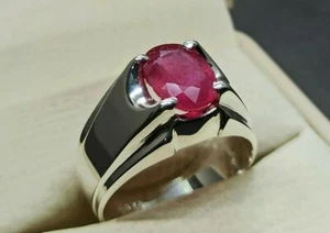 Natural Oval Cut 4.5 Carat Red Ruby Sterling Silver 925 Handmade Yakoot Men Ring - Picture 1 of 12