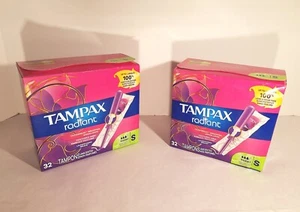 2 Boxes Of Tampax Radiant Super Absorbency Tampons, Unscented, 32 Count Dmgd Box - Picture 1 of 2