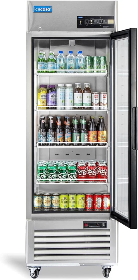 ICECASA 27" Commercial Glass Door Refrigerator, 1 Door Reach-In Merchandiser 23 Cu.ft