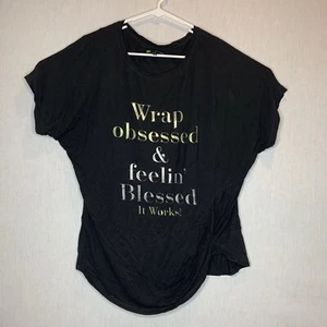 It Works Wrap Obsessed And Feeling Blessed Short Sleeve Black Top Size L EUC - Picture 1 of 6