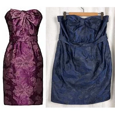 NUEVO CON ETIQUETAS Blanco por Vera Wang Azul Brillante Brocado Sin Tirantes Vestido de Cóctel Lazo Formal Foto 1 de 4