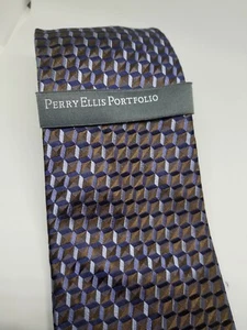 Perry Ellis Portfolio Blue/Brown Neck Tie 100% Silk Men's Tie - Picture 1 of 3