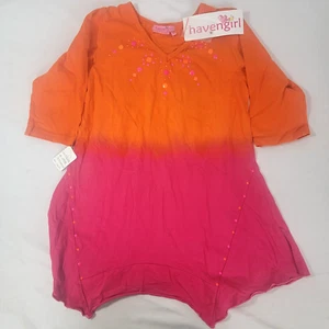 Haven Girl Shirt Top Orange Pink Dip Dye Amerie Tunic Good Vibes New Sz Large 14 - Picture 1 of 7