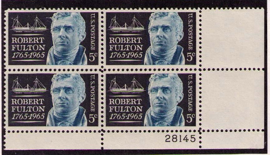 US USA Sc# 1270 MNH FVF PLATE # BLOCK Robert Fulton Clermont Steamship - Image 1 of 1