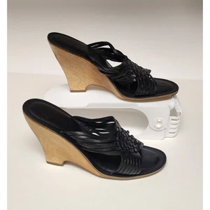 Michael Kors Black Leather Huarache Sandal w/Wood Wedge Heels Size 8M - Picture 1 of 12