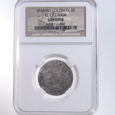 1768 Spanish Colonial 2 Reales El Cazador Shipwreck NGC Genuine - Image 1 of 2