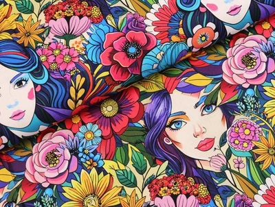 CANVAS Stoff 100% Baumwolle Panamabindung Bunte GESICHTER BLUMEN EUR 17,98/m - Bild 1 von 2