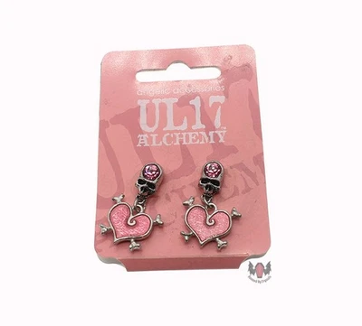 Alchemy Gothic Love Bones Earrings ULFE13 Skull Heart Pink Pewter Rock Goth - Image 1 of 3