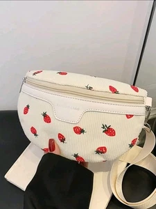 Cute Strawberry Print Crossbody Shoulder Bag - Cream White Canvas Waist Bag - Picture 1 of 8