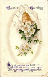 Postal de felicitación de Pascua vintage campana flores en relieve 1913 - Imagen 1 de 2