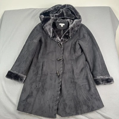 Coldwater Creek женщин пальто L 14-16 искусственной замши стриженный мех с капюшоном уютный серый - Изображение 1 из 4