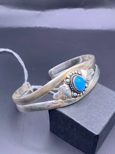 STERLING SILVER BANGLE - CUFF BANGLE WITH LARGE UNIDENTIFIED BLUE STONE - Picture 1 of 1