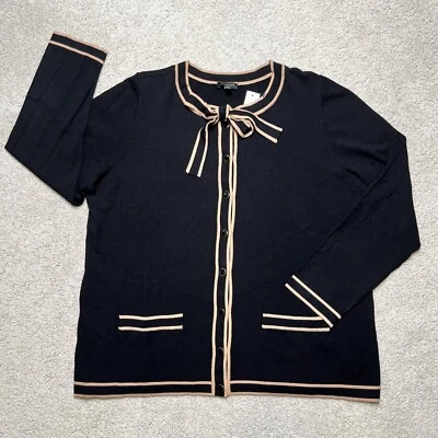 NWT Talbots Black Button Down Cardigan Plus 1X Petite Bow Classy Trim Preppy - Image 1 of 4