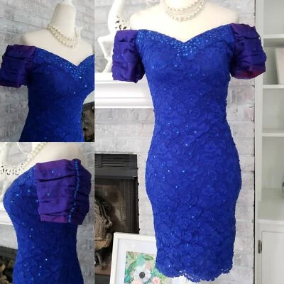 Vintage 80s Blue Lace off shoulder bodycon dress S - Image 1 of 4