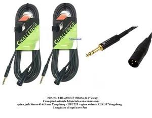 PROEL CHL230LU5 Cavo professionale BILANCIATO jack stereo 6,3mm XLRm n° 2 CAVI - Foto 1 di 2