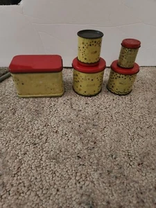 ¡Juego de botes vintage de juguete de hojalata oro amarillo estrellas y tapas rojas para niños! - Imagen 1 de 8