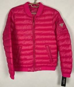 Guess Men Quilted Puffer Bomber Jacket Full Zip Front Snap Pockets Pink Sz S New - Picture 1 of 15