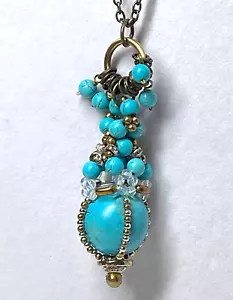 Pam Hiran Long Anthropologie Howlite Chunky Dianthus Necklace 32” Bronze Chain - Picture 1 of 10