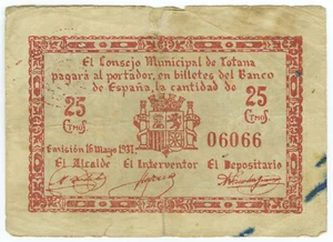 ☆ SPAIN CIVIL WAR 1937 • TOTANA 25 CENT MUNICIPAL ☆ GUERRA CIVIL ESPAÑOLA ☆C5753 - Picture 1 of 2