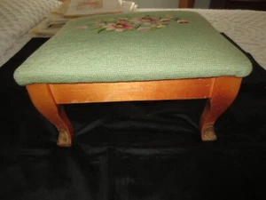 Vintage LIGHT GREEN FLORAL NEEDLEPOINT  FOOTSTOOL - 14-1/2" x 12-1/2" x 7-1/2" - Picture 1 of 11