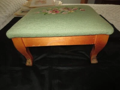 Vintage LIGHT GREEN FLORAL NEEDLEPOINT  FOOTSTOOL - 14-1/2" x 12-1/2" x 7-1/2" - Image 1 of 4