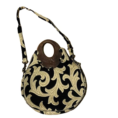 ZARA Crossbody Handbag Boho Wooden Handles Embroidered Fabric Black Tan Purses - Image 1 of 4