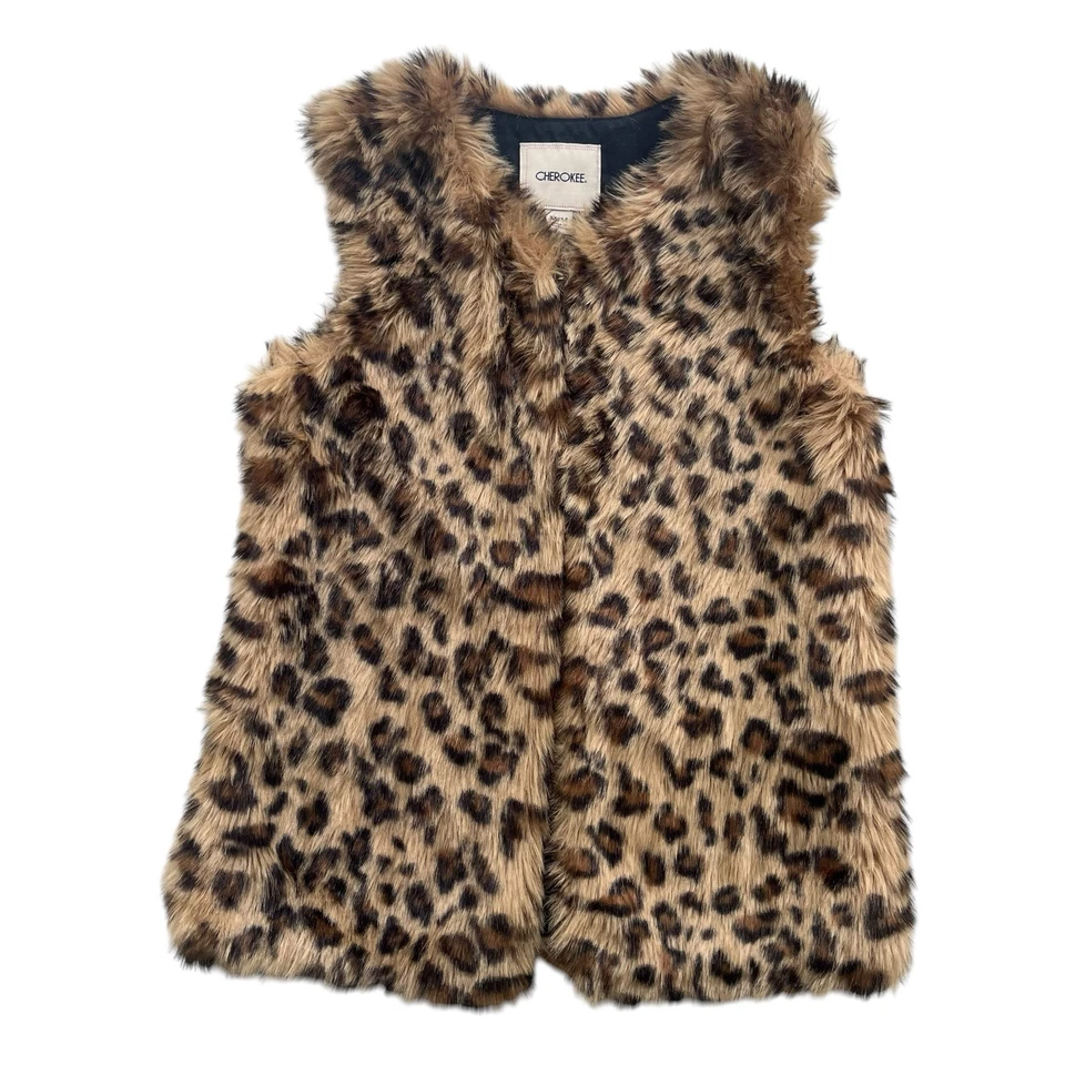 Cherokee Girl’s M Brown Leopard Print Fuzzy Faux Fur Sleeveless, Vest #032048388 - Image 1 of 4