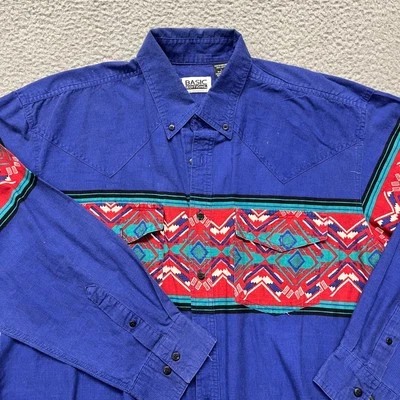 Basic Editions Southwestern Shirt Men L Blue Tribal Aztec Button Up Long Sleeve Foto 1 de 4