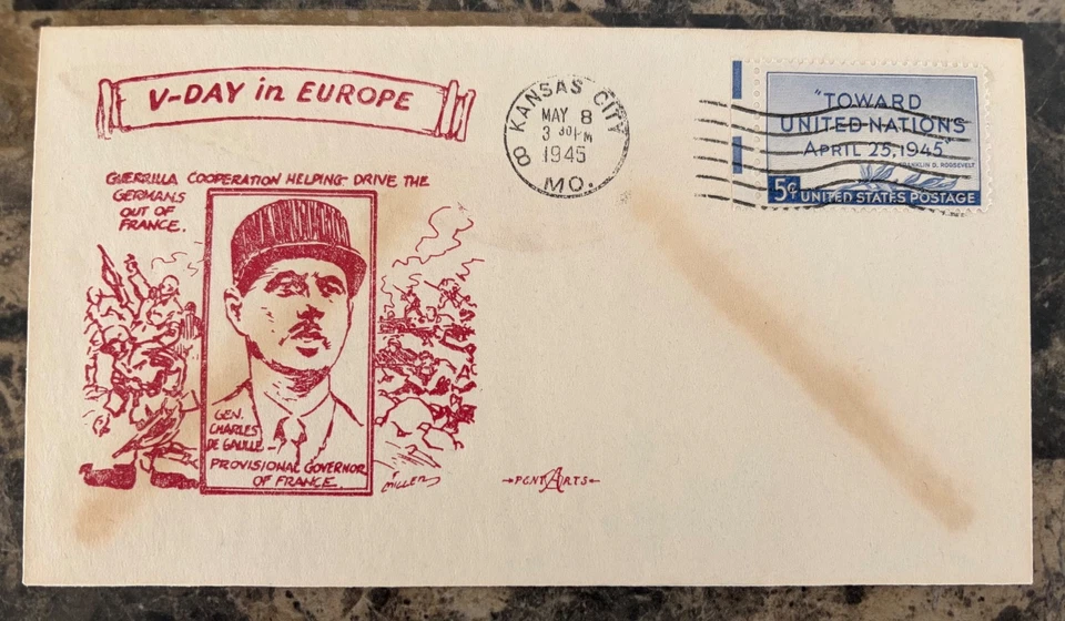 WWII PATRIOTIC COVER Kansas City MO Victory Day May 8th 1945 Pent Arts cachet  - Image 1 of 1