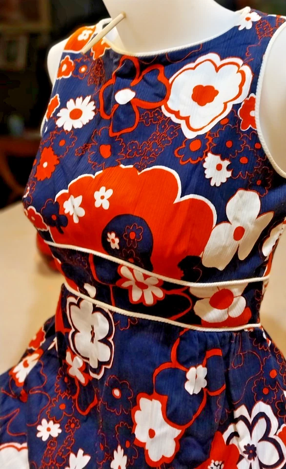 De colección. Maxi PATTY WOODARD EE. UU. S/M Cintura Imperio Naranja Azul Años 60. Flor abstracta Foto 1 de 4