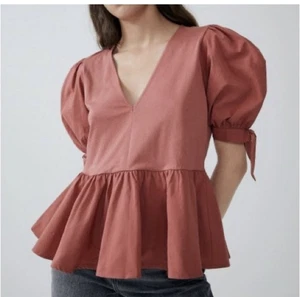 Blusa Zara Rosa Manga Campana Corbata Peplum 100% Algodón Para Mujer Talla Mediana Usada en Excelente Condición - Imagen 1 de 13