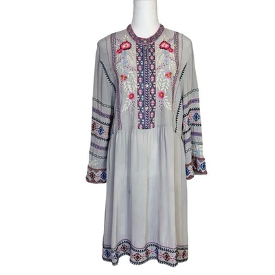 Johnny Was Ellie Wide Hem Silk Dress Heavily Embroidered Size L Gray Boho - Image 1 of 4